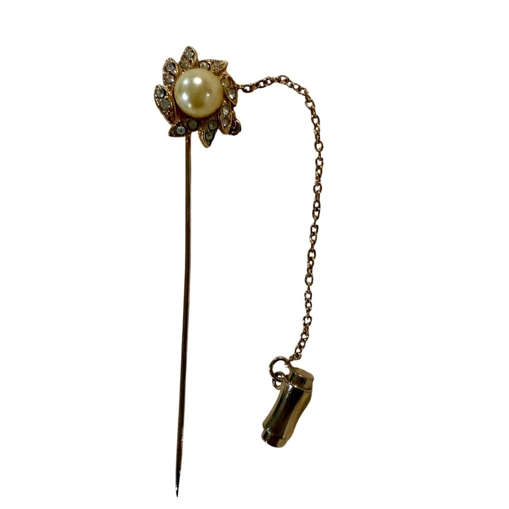 Vintage Gold Tone Pearl Stick Pin Flower Brooch Lapel Hat‎ Tie Tack Jewelry
